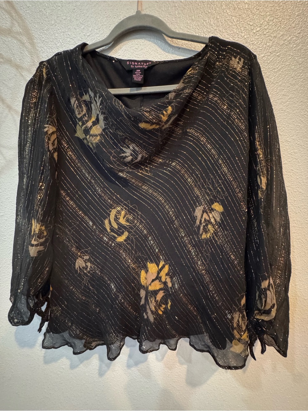 Signature Bobbie Bee Black Sheer Floral Blouse with Gold Accents. Silk lined.